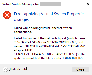 Исправлено: ошибка применения свойств виртуального коммутатора Hyper-V в Windows 10