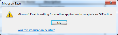 Исправлено: Microsoft Excel ожидает, пока другое приложение выполнит действие OLE.