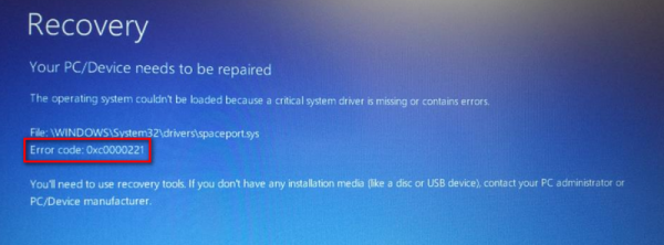 Как исправить ошибку восстановления ПК / устройства 0xc0000221