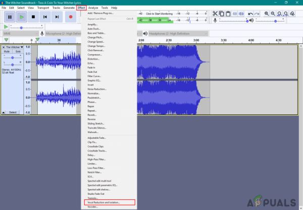 Как удалить вокал в Audacity?