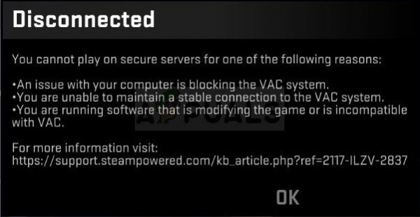 Как исправить ошибку «Отключено от VAC: вы не можете играть на защищенных серверах» в Windows?