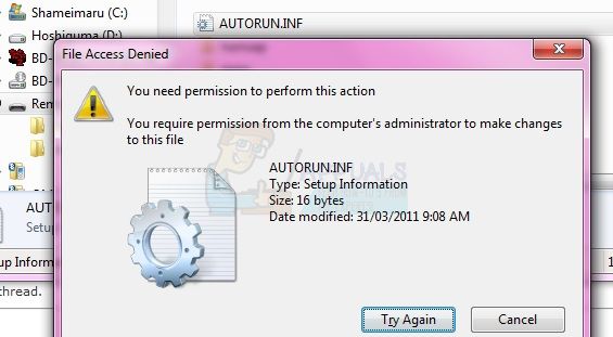 Исправлено: отказано в доступе или проблемы с разрешением с Autorun.inf