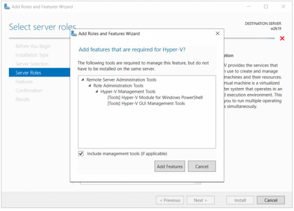 Установить роль Hyper-V в Windows Server 2019